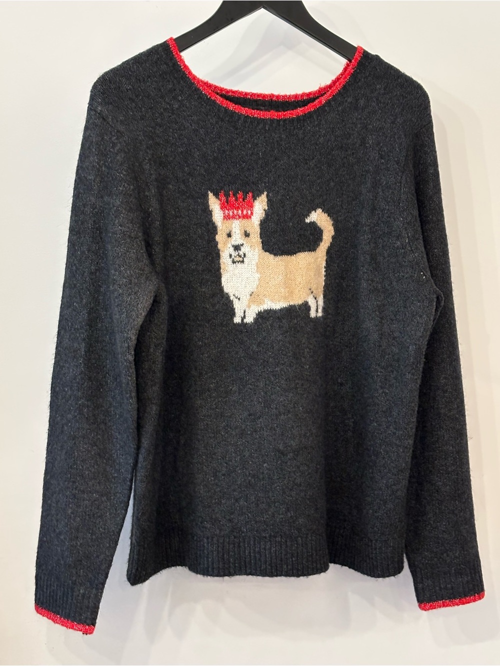 cupcakes & cashmere Charcoal Sweater with Tan Dog Intarsia and Red Trim